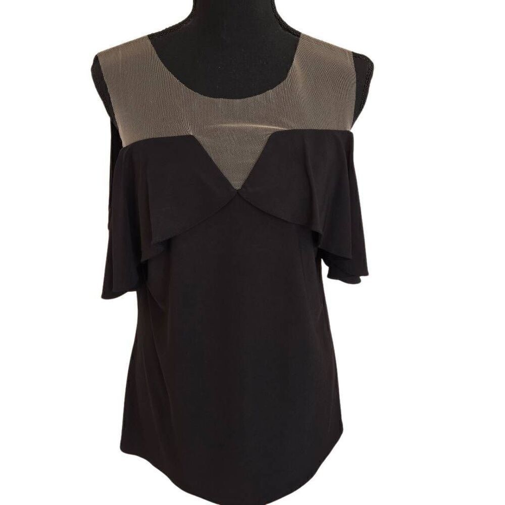 MSK Womens Ruffle Cold Shoulder Mesh Yoke Blouse Top Black Large
